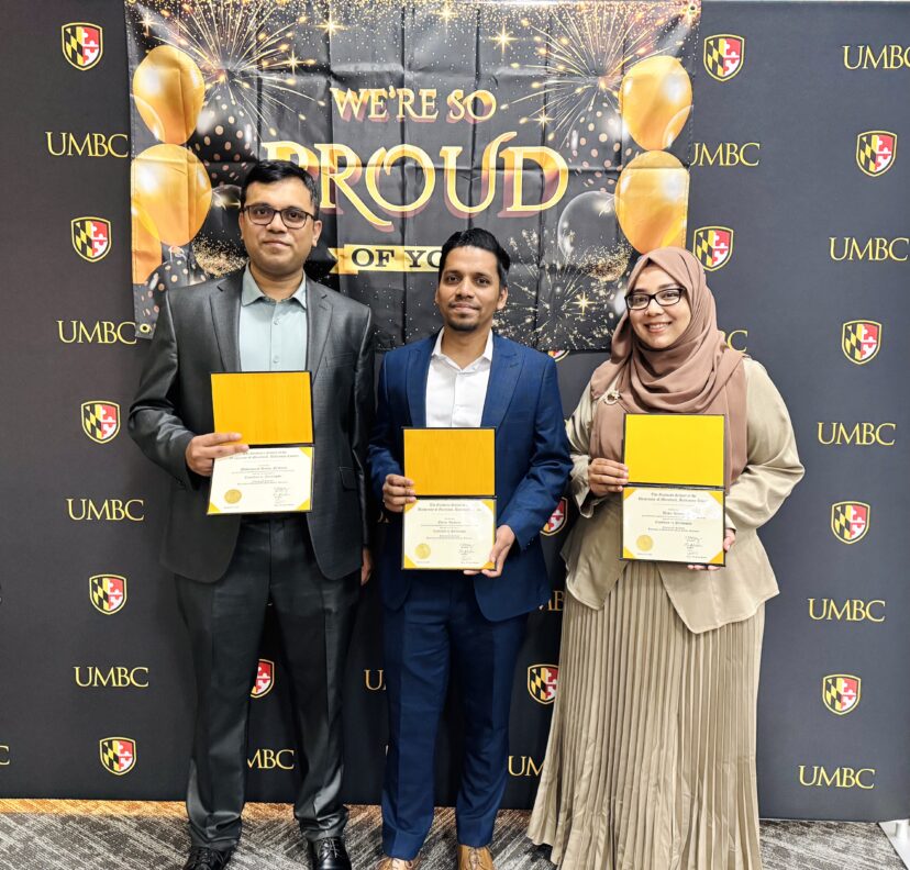 Ferdous, Emam, and Uzma were recognized as Ph.D. candidates at the UMBC Ph.D. Candidacy Ceremony (2025).